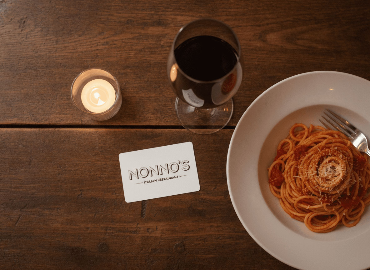 A physical Nonno's gift card beside pasta, red wine, and candlelight
