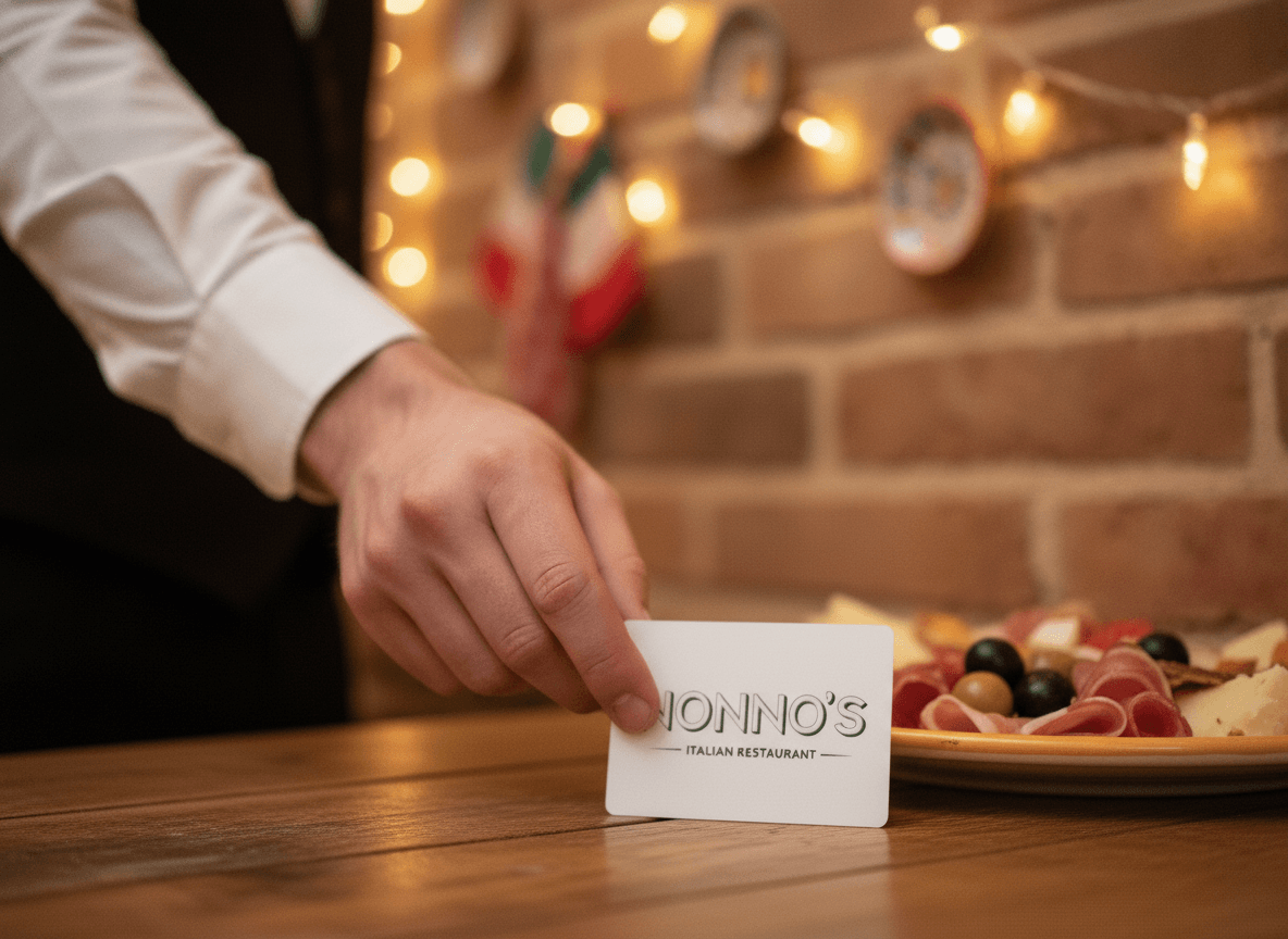 A server placing a physical Nonno's gift card beside an Italian antipasto plate