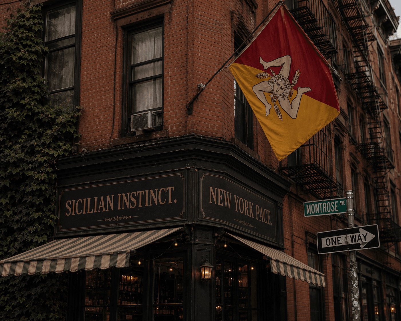 A Sicilian flag outside a Brooklyn building with Sicilian Instinct and New York Pace signage